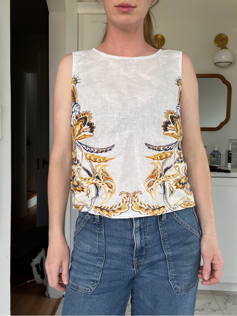 Joie baby blue Sleeveless 100%Linen  with Yellow and Floral Border top
